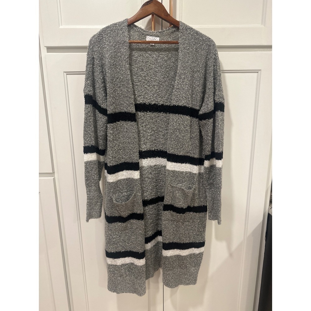 Mudpie Gray Striped Open Front Long Cardigan M/L Sweater Knit Pockets
Winter